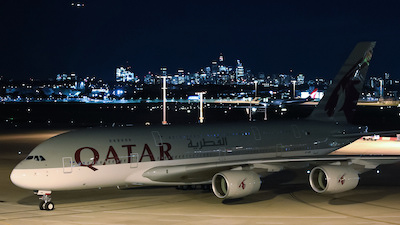 The Qatar Airways A380 on the ground in Sydney