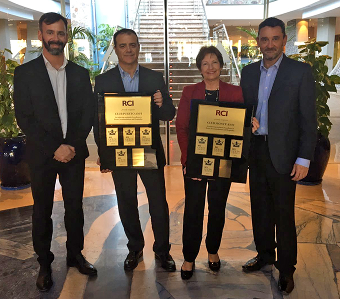 At the presentation of RCI Gold Crown awards for Club Puerto Anfi and Club Monte Anfi, are from left: Carlos Moreno, RCI’s affiliate services manager; Luis Martinez San Andrés, general manager, hotel division and Anfi Tauro Golf; Christine Johnson, director, hotel division, Anfi del Mar; and Ovidio Zapico, RCI’s regional director for South-West Europe