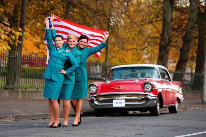Aer Lingus cabin crew celebrate the launch of the new service. Credit: Jason Clarke