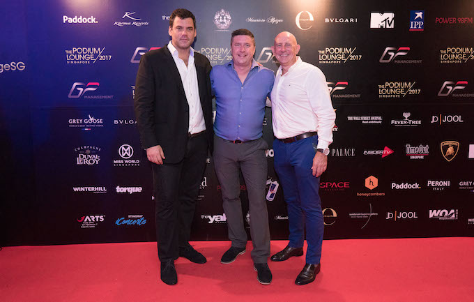 From left: Robbie Hoyes-Cock, CEO and founder, The Podium Lounge; David Croft, SKY Sports F1 presenter and Karma Resorts Ambassador; and Iain McCormack, Group Director – Resort Operations, Karma Resorts